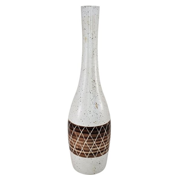 Tall Raymor Ceramic Vase With Brown Diamond Pattern & Speckled White Glaze - Picture 1 of 11